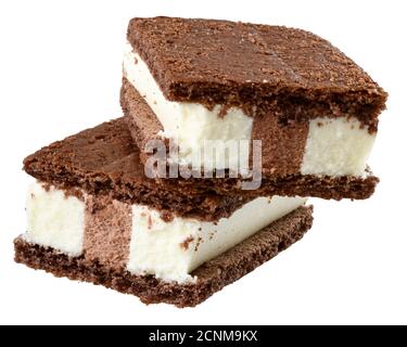 ice cream vanilla sandwich in chocolate chip cookies isolated on a white background. Stock Photo