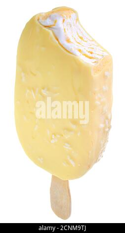 Bitten ice cream on a stick covered in white chocolate isolated Stock Photo