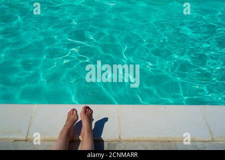 Relaxing at the pool, agriturismo, Fossombrone, Marche, Italy, summer, Stock Photo