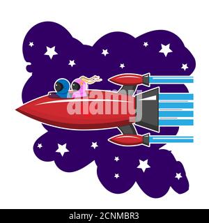 A space rocket is flying with people in love on a white isolated background. Vector image Stock Vector