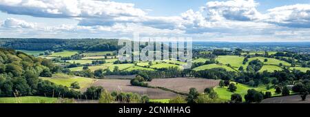Stinchcombe Hill looking towards the Tyndale Monument and North Nibley, The Cotswolds, Gloucestershire, England, United Kingdom. Monument was built in Stock Photo