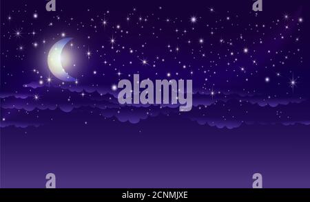 Night starry sky with stars, moon and clouds. Stock Vector