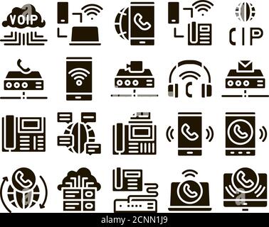 Voip Calling System Glyph Set Vector Stock Vector
