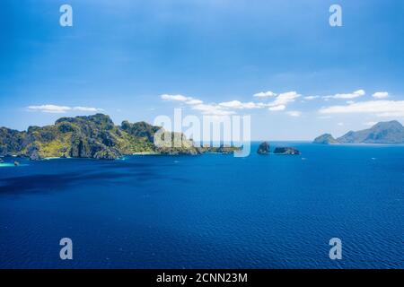 Aerial view of Bacuit archipelago. Miniloc island in background. Palawan, Philippines. Stock Photo