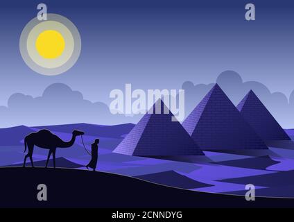 Man and camel walking pass Pyramids landmark of Egypt,vector illustration Stock Vector