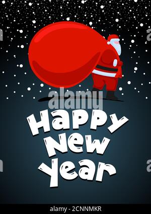Santa Claus cartoon character coming and carries large heavy gifts red bag. Christmas and Happy New year holiday greeting card. Vector eps celebration poster illustration Stock Vector
