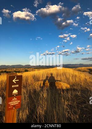 Early morning rider's shadow casted on Sunset West trail that is a popular mountain bike singletrack near Erie, Colorado. Stock Photo