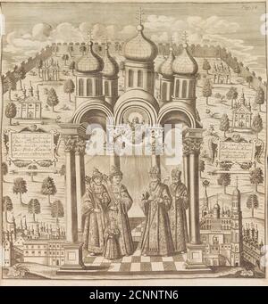 Feodor III, Peter I, Ivan V and Patriarch Adrian I. From &quot;Das veraenderte Russland&quot; (The Present State of Russia), 1721. Private Collection.