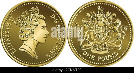 Vector British money coin one pound with heraldic lion, unicorn, shield and crown on reverse Stock Vector