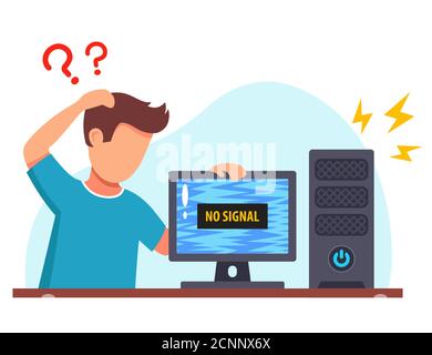 the old computer is broken. the system unit sparkles. flat vector illustration isolated on white background. Stock Vector