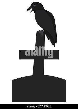 Vector illustration Raven is sitting on cross tombstone on a white background. Halloween design Stock Vector