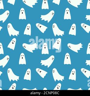 Halloween seamless pattern ghosts on a blue background. Fanny vector illustration for Halloween design Stock Vector
