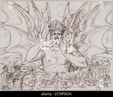 Lucifer in the center of hell. Illustration to the Divine Comedy by Dante Alighieri, ca 1803. Found in the collection of Academy of Fine Arts Vienna. Stock Photo