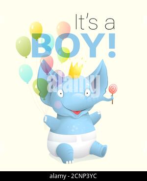 Its a Boy Baby Elephant Greeting Card Cartoon Stock Vector