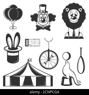 Vector set of circus isolated icons. Black and white circus symbols and design elements. Stock Vector