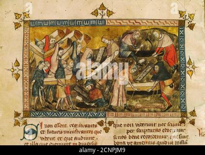 The burial of the victims of the plague in Tournai. Miniature from ...