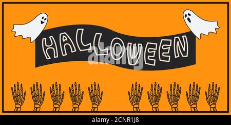 Vector horizontal illustration Halloween design on a orange background. Ghosts are holding Halloween sign on a black background. Banner for sale. Stock Vector