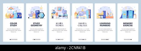 Preschool education games. Kids home training. Study colors, numbers. Mobile app screens, vector website banner template Stock Vector