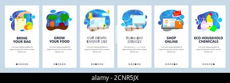Eco friendly lifestyle. Save environment and energy. Mobile app onboarding screens, vector website banner template. Stock Vector