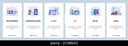 Education online, self development, communication, work, rest, hobby. Mobile app screens, vector website banner template Stock Vector