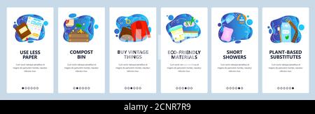 Eco lifestyle, environment protection, save nature. Mobile app onboarding screens, vector website banner template. Stock Vector