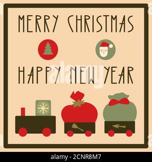 Merry Christmas and Happy New Year. Holiday train with presents. Holiday gift card, Festive poster, web banner, header for website, Stock Vector