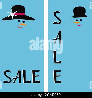 Snowman, snow woman and word Sale. Set Winter sale banner or poster. Template for shopping promotion. Place for your text. Vector illustration. Isolat Stock Vector