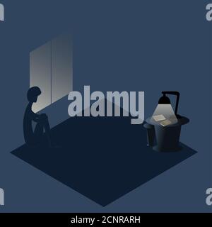 Sad girl is sitting on the floor near the window. Loneliness. Depressed teenager. Woman alone looking out the window. Monochrome vector illustration. Stock Vector
