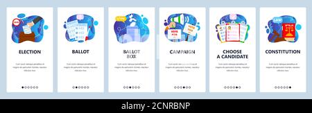 Election campaign, constitution voting right, choose candidate. Mobile app screens, vector website banner template. Stock Vector