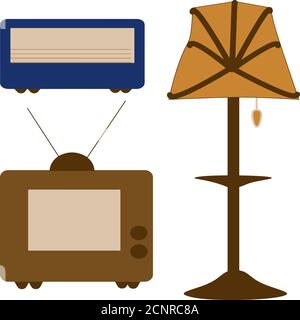 Illustration Retro radio, TV and floor lamp. Print on paper, fabric, ceramic Stock Vector