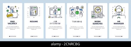Job search, hiring, free vacancy, resume, job interview. Mobile app screens, vector website banner template Stock Vector