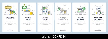 Order takeaway food, drugs, cosmetics and delivery service online. Mobile app screens, vector website banner template. Stock Vector