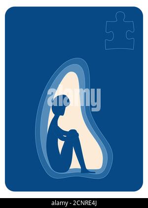 Autism awareness. Silhouette standing in a cave. Pazzle shape autism symbol. Copy space. Stock Vector