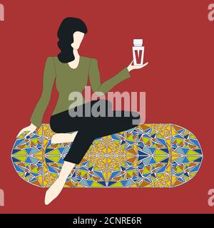 Woman is sitting on a mosaic couch. She is looking at bottle of vitamins  or your logo, brand. Copy space. Vector illustration Stock Vector