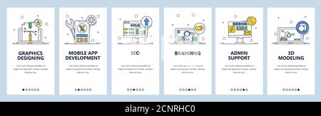 App development, graphic design, branding admin support 3d modeling. Mobile app screens, vector website banner template. Stock Vector
