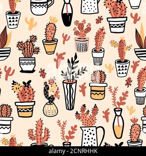 Vector illustration of willow branches in vase isolated on a pink background. Seamless surface pattern. Stock Vector