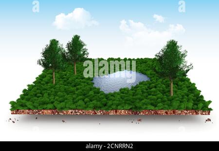 Section of soil layers with meadow, trees and lake 3d illustration Stock Photo