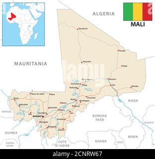 vector road map of the Republic of Mali with flag Stock Vector