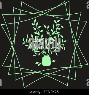 Vector green tree branches in a vase and frame on black background. Print on paper, fabric, ceramics. Pattern for interior, fashion design, for pillow Stock Vector
