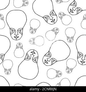 Vector doodle seamless pattern alien. Outline masks for background, cover design. Hand drawn black and white illustration. Print on paper, fabric Stock Vector