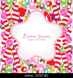 Vector illustration of colorful sweet candies with rounded star label. Design Template. Suitable for social media post, banner, greeting card or print Stock Vector