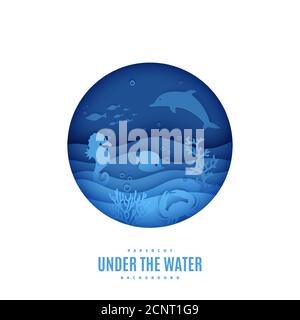 View of the underwater world through the porthole of a submarine in paper cut style. Vector papercut wave, tropical marine life in round frame. Stock Vector