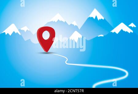 Red navigation marker on road in the mountains illustration. Planning a route in the mountains. Reaching the goal concept. Red pointer location on a m Stock Photo