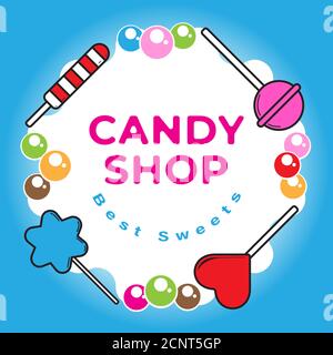 Candy Shop banner with sweets on the blue color background.  Suitable for social media post template or print media promotion Stock Vector