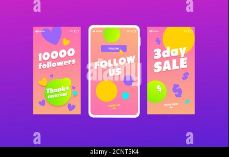 Follow us social media stories templates set. Like time, 10k followers congratulation social network Stock Vector