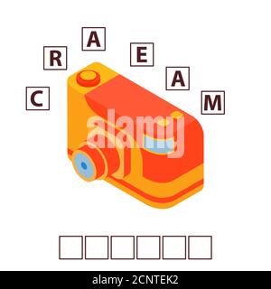 Game words puzzle isometry photo toy camera . Education developing child. Stock Vector