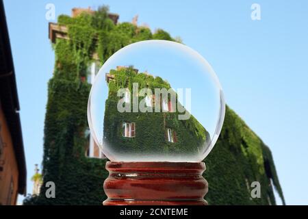 The building is completely overgrown with vine lightly illuminated by the rays of the rising sun, Trastevere district, through a glass transparent bal Stock Photo