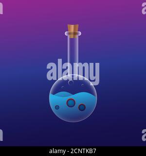 Round Glass Bottle with Blue Magic Potions. Realistic Detailed Vector illustration. Magenta, purple, blue, Multicolor background design. Halloween Stock Vector