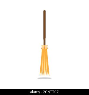 Broom stick with long wooden handle vector illustration isolated on white background. Flat design element. Witches Halloween and Christmas accessory o Stock Vector