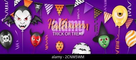 halloween party banner with balloons, pennants and streamers Stock Vector